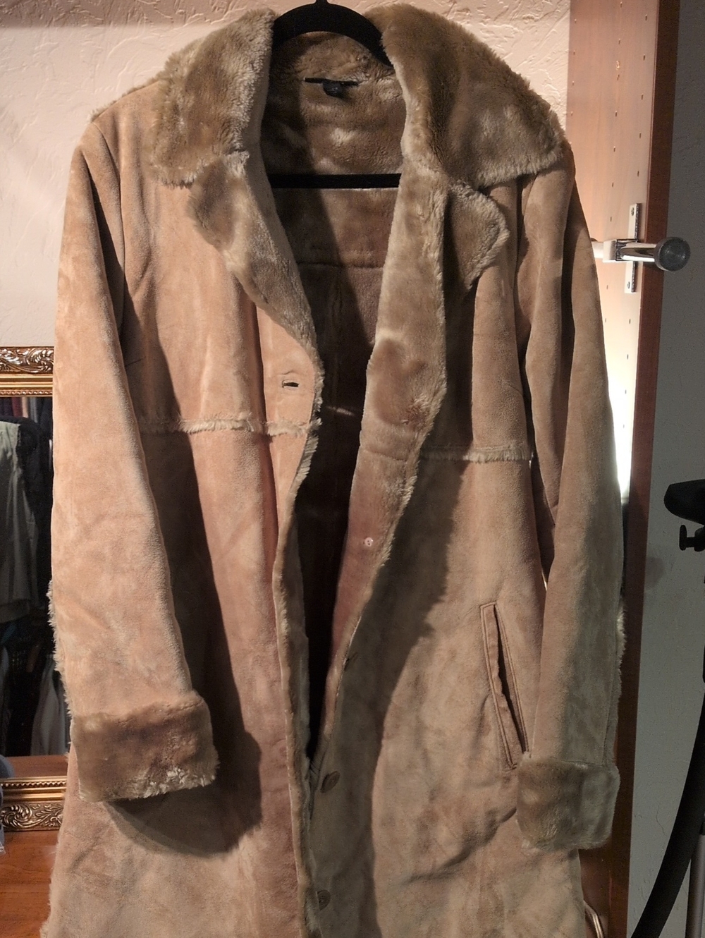 Express Women's Real Suede and Faux Shearling Pea Coat in Tan